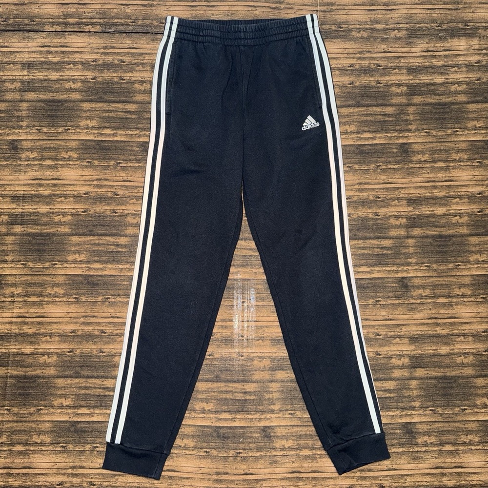 Adidas Fleece Sweatpants Boys Youth Size Large Black White Striped Joggers